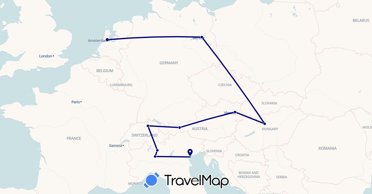 TravelMap itinerary: driving in Austria, Switzerland, Germany, Hungary, Italy, Netherlands (Europe)